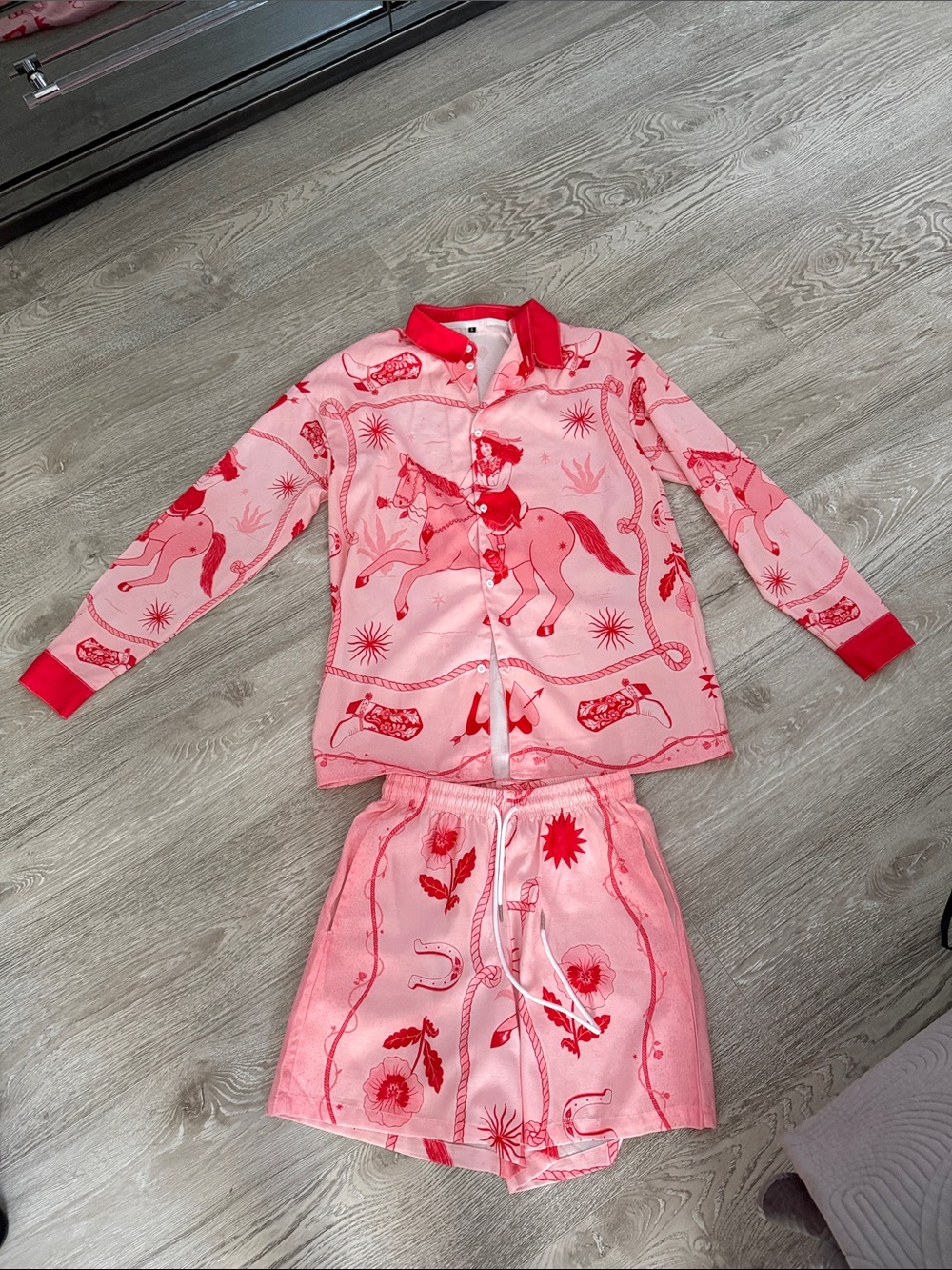 Kids Pink Western Horse Print Short Set